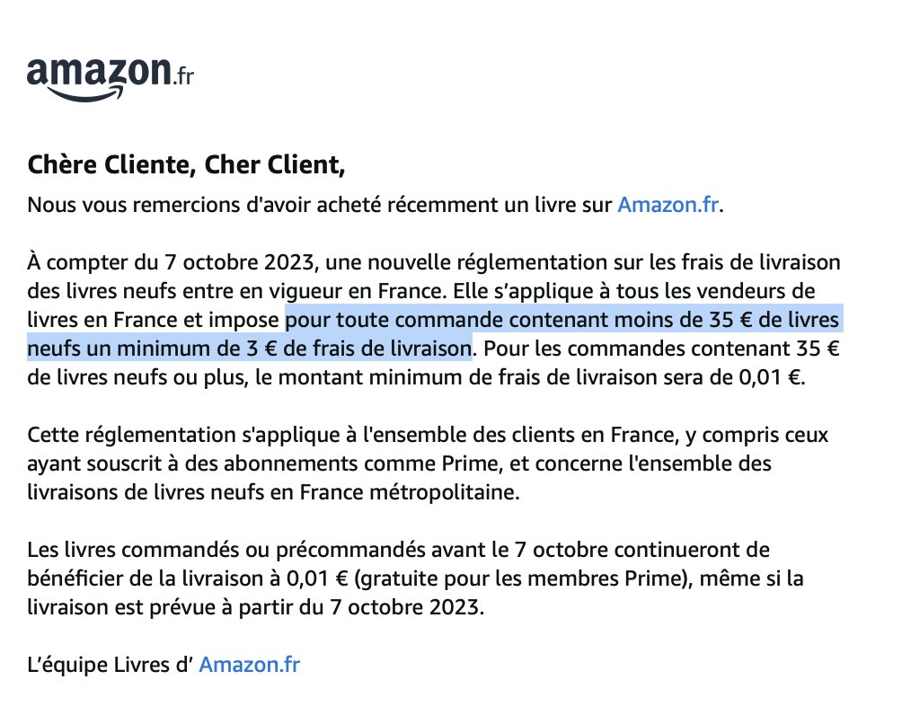 Le message envoyé par Amazon à ses clients, pour les prévenir des nouvelles règles Le message envoyé par Amazon à ses clients, pour les prévenir des nouvelles règles