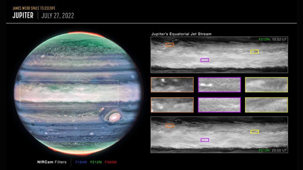 Observations du jet découvert sur Jupiter. // Source : NASA, ESA, CSA, STScI, R. Hueso (University of the Basque Country), I. de Pater (University of California, Berkeley), T. Fouchet (Observatory of Paris), L. Fletcher (University of Leicester), M. Wong (University of California, Berkeley), J. DePasquale (STScI) Observations du jet découvert sur Jupiter. // Source : NASA, ESA, CSA, STScI, R. Hueso (University of the Basque Country), I. de Pater (University of California, Berkeley), T. Fouchet (Observatory of Paris), L. Fletcher (University of Leicester), M. Wong (University of California, Berkeley), J. DePasquale (STScI)