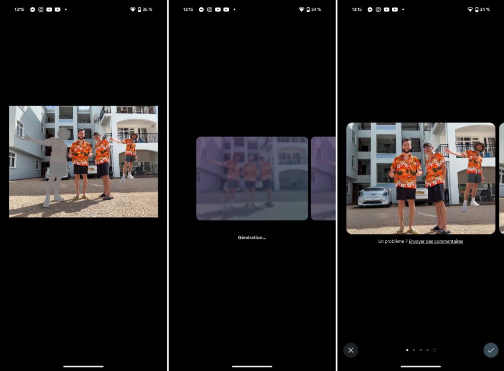 Ici, le Magic Editor déplace un de mes amis. Mais son ombre reste sur le sol et la voiture imaginée derrière ne ressemble à rien. // Source : Numerama Ici, le Magic Editor déplace un de mes amis. Mais son ombre reste sur le sol et la voiture imaginée derrière ne ressemble à rien. // Source : Numerama
