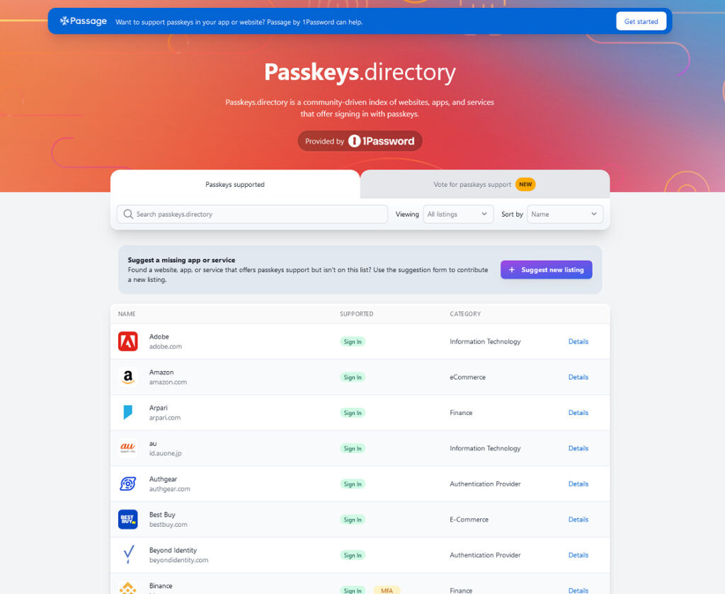 Passkeys.directory // Source : Capture d'écran Passkeys.directory // Source : Capture d'écran