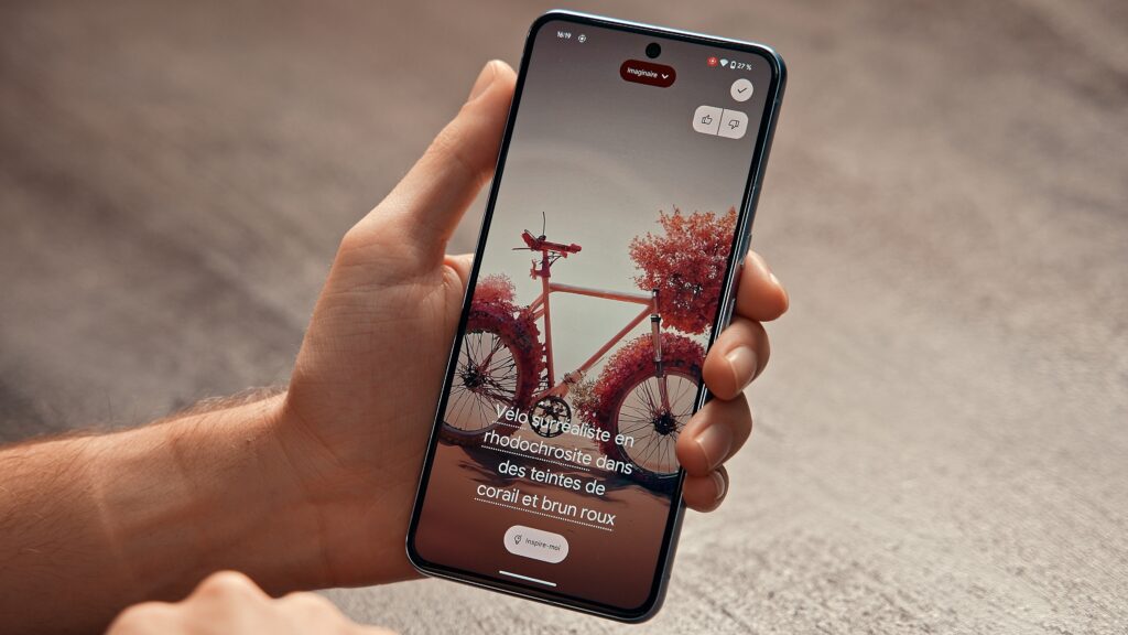 Les Google Pixel 8 peuvent générer des fonds d'écran sur mesure, grâce à une IA. // Source : Thomas Ancelle / Numerama Les Google Pixel 8 peuvent générer des fonds d'écran sur mesure, grâce à une IA. // Source : Thomas Ancelle / Numerama