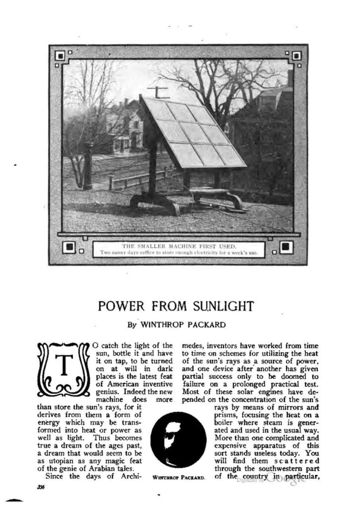 Les panneaux solaires de George Cove en 1909. // Source : Technical World Magazine/wiki Les panneaux solaires de George Cove en 1909. // Source : Technical World Magazine/wiki