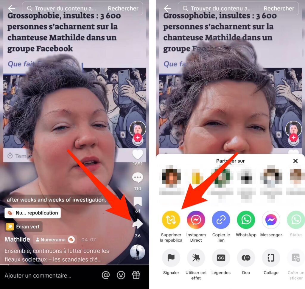 Les étapes pour annuler une republications sur TikTok // Source : Capture d'écran Numerama Les étapes pour annuler une republications sur TikTok // Source : Capture d'écran Numerama