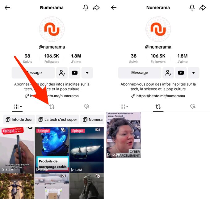 Les étapes à suivre pour supprimer une republication TikTok // Source : Capture d'écran Numerama Les étapes à suivre pour supprimer une republication TikTok // Source : Capture d'écran Numerama