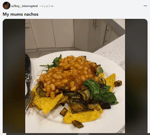 Image tirée du subreddit « r/foodgore » crée en 2012, intitulée « My mums nachos » // Source : Capture d'écran Numerama Image tirée du subreddit « r/foodgore » crée en 2012, intitulée « My mums nachos » // Source : Capture d'écran Numerama