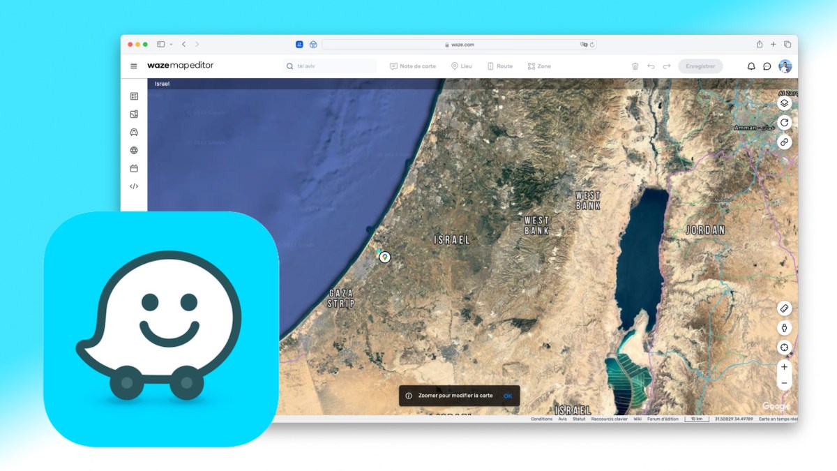 L'éditeur de carte de Waze en Israël et Gaza. // Source : Numerama L'éditeur de carte de Waze en Israël et Gaza. // Source : Numerama