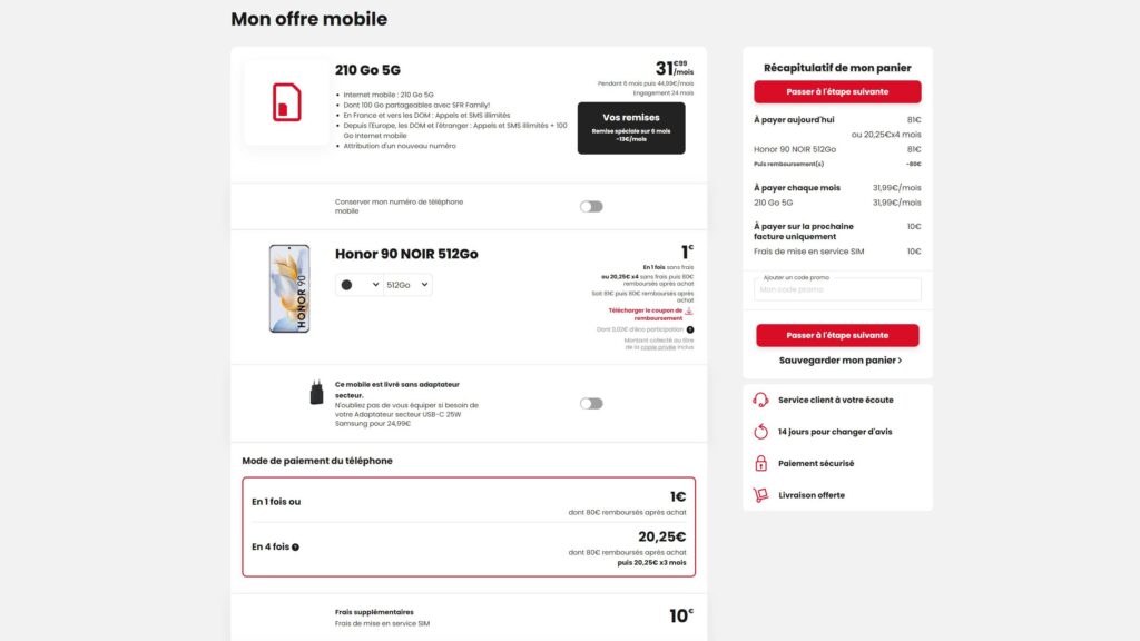 Le Honor 90 à 1 euro avec le forfait 5G 210 Go SFR // Source : SFR Le Honor 90 à 1 euro avec le forfait 5G 210 Go SFR // Source : SFR