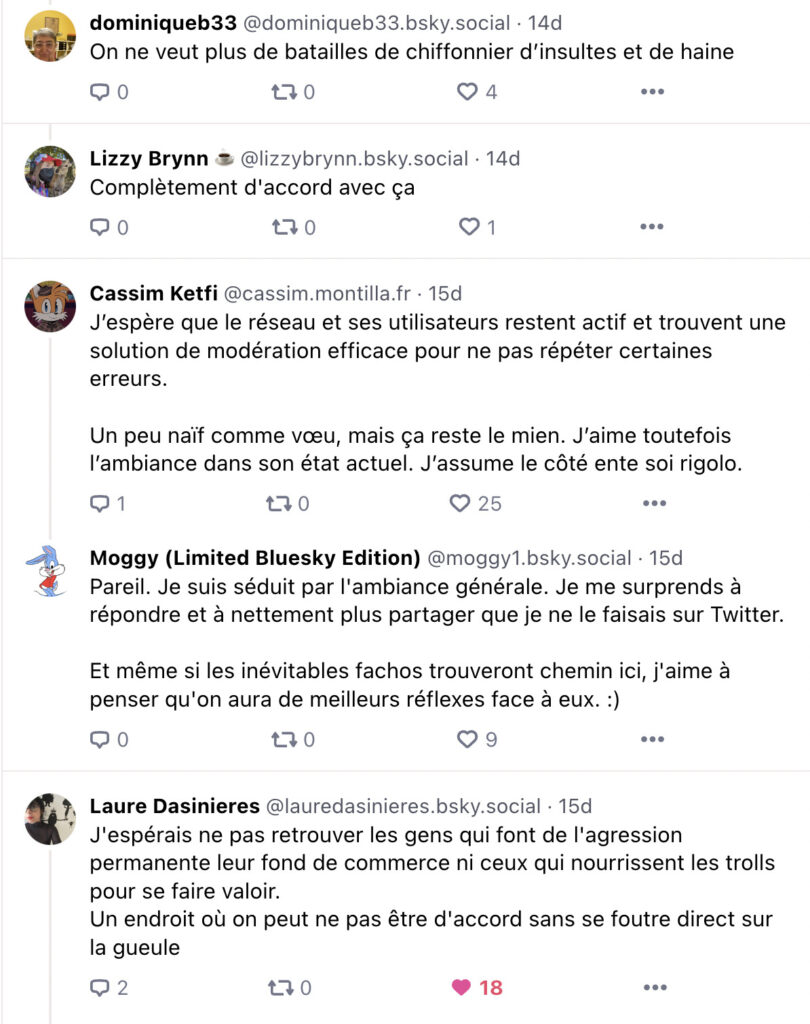 Quelques unes des réponses obtenues à ma question sur Bluesky Quelques unes des réponses obtenues à ma question sur Bluesky