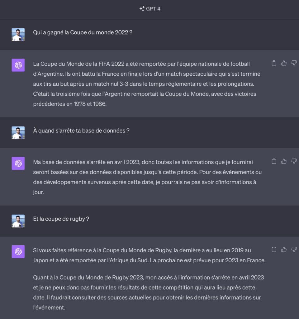 Cette conversation aurait été impossible avant le lancement de GPT-4 Turbo, à moins d'activer la recherche Bing avant (avec le risque de lui faire lire des bêtises). Cette conversation aurait été impossible avant le lancement de GPT-4 Turbo, à moins d'activer la recherche Bing avant (avec le risque de lui faire lire des bêtises).