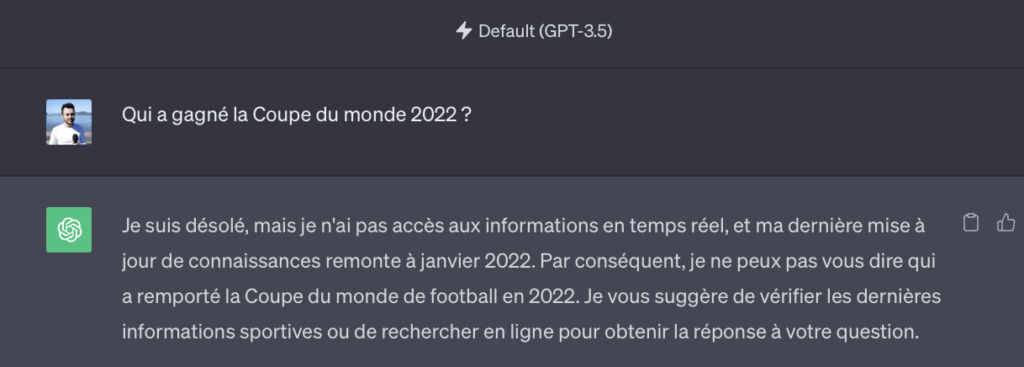 GPT-3.5 n'a pas eu de mise à jour de sa base de données. GPT-3.5 n'a pas eu de mise à jour de sa base de données.