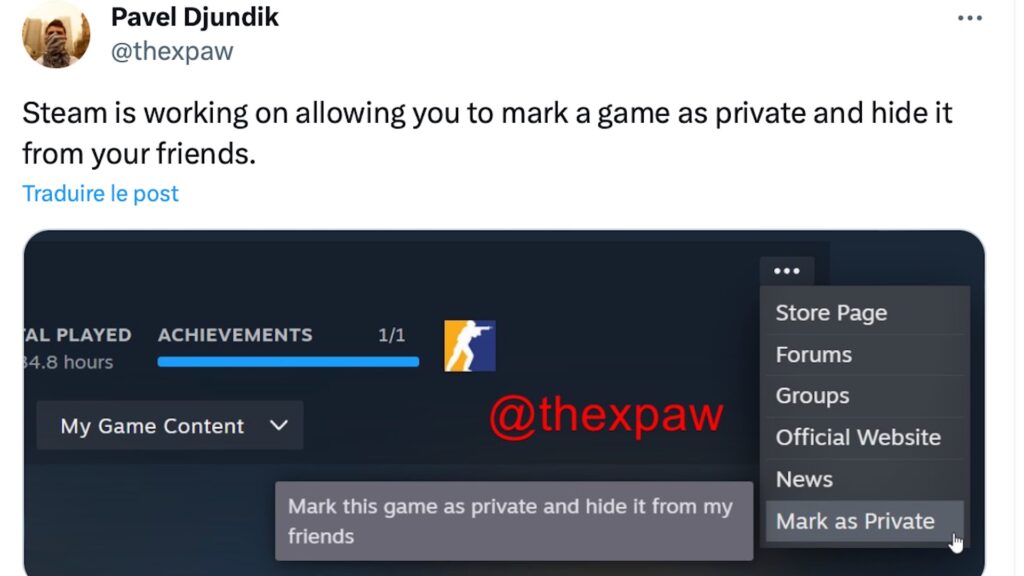 Une fonctionnalité pour cacher individuellement ses jeux sur Steam // Source : Twitter Pavel Djundik Une fonctionnalité pour cacher individuellement ses jeux sur Steam // Source : Twitter Pavel Djundik