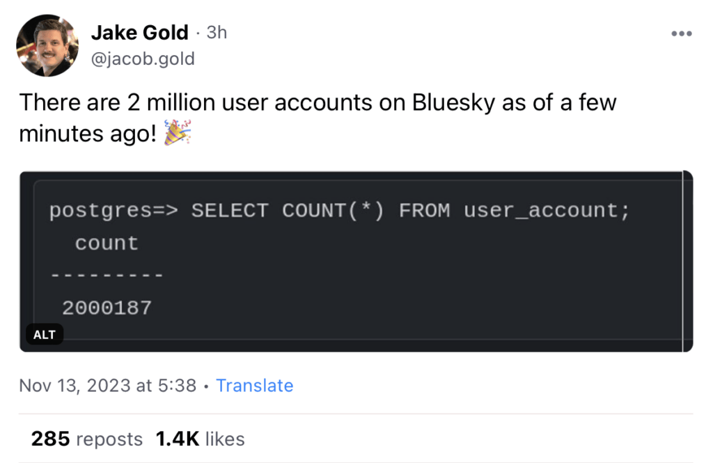 La publication dans laquelle un ingénieur de Bluesky annonce que le seuil des 2 millions est franchi. La publication dans laquelle un ingénieur de Bluesky annonce que le seuil des 2 millions est franchi.