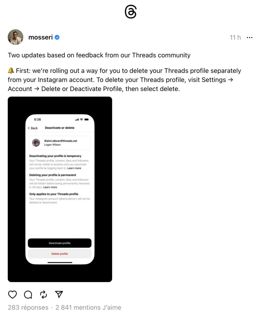 Dans les réglages, Threads permettra bientôt de supprimer son compte. Dans les réglages, Threads permettra bientôt de supprimer son compte.