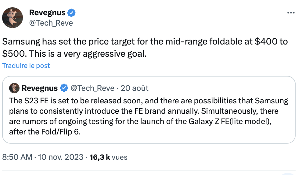 Le tweet dans lequel Revegnus spécule sur le prix du Z Flip FE. Le tweet dans lequel Revegnus spécule sur le prix du Z Flip FE.