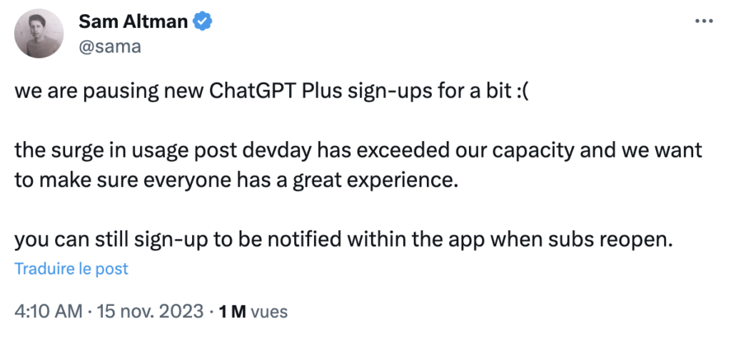 Sam Altman, le patron d'OpenAI, a annoncé avoir arrêté les inscriptions. Sam Altman, le patron d'OpenAI, a annoncé avoir arrêté les inscriptions.