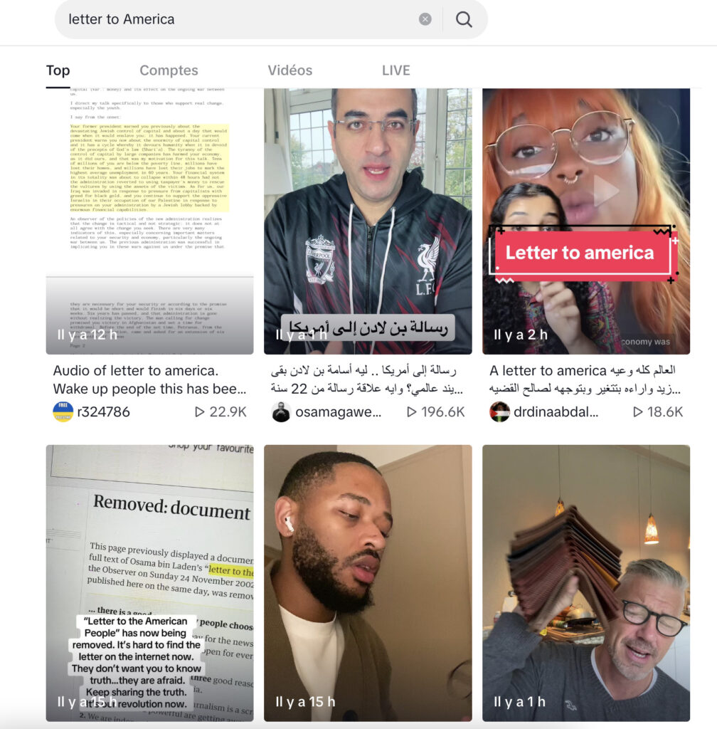 Les résultats d'une recherche "letter to america" sur Tiktok // Source : Capture d'écran du 16 novembre 2023 Les résultats d'une recherche "letter to america" sur Tiktok // Source : Capture d'écran du 16 novembre 2023