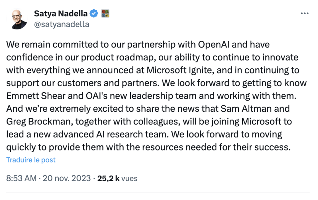 Satya Nadella annonce l'arrivée de Sam Altman chez Microsoft. Satya Nadella annonce l'arrivée de Sam Altman chez Microsoft.