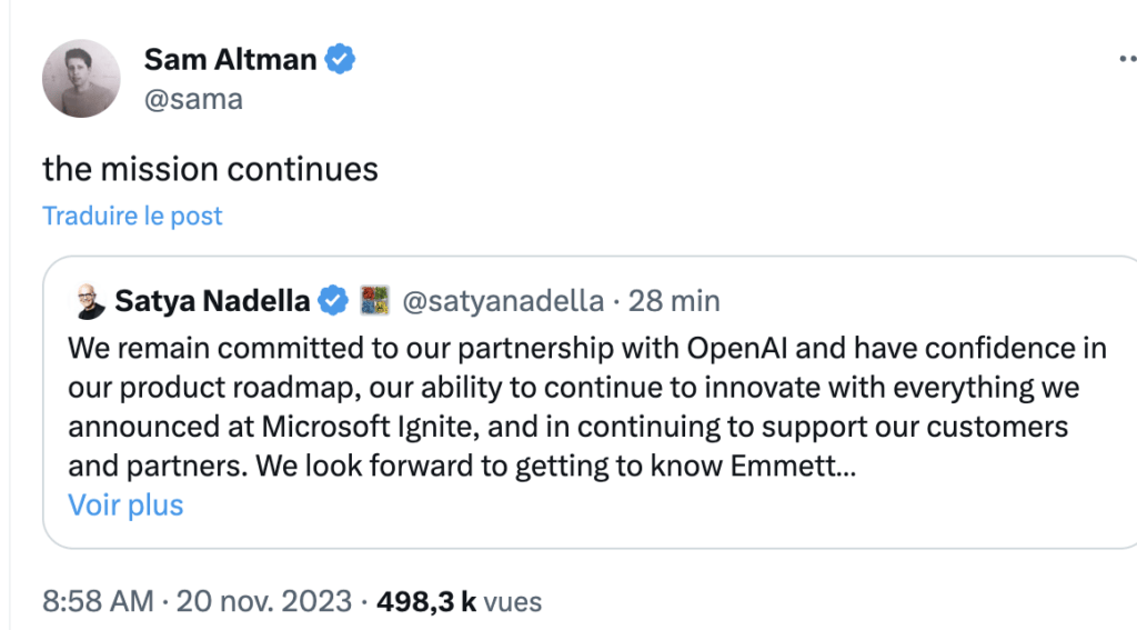 Sam Altman confirme avoir accepté l'offre de Microsoft. Sam Altman confirme avoir accepté l'offre de Microsoft.