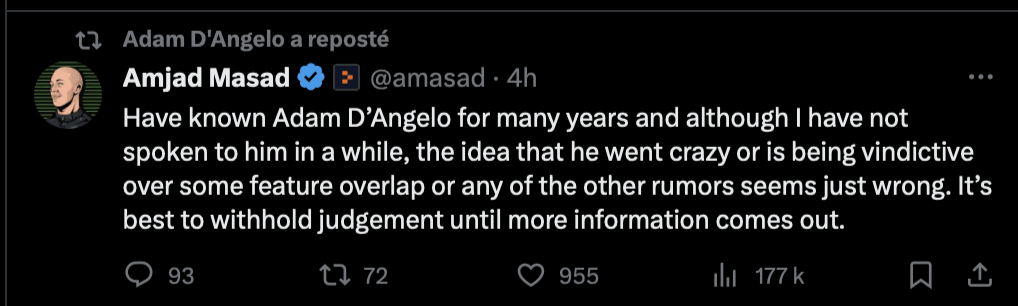 Adam D'Angelo ne tweete pas, mais il a partagé ce tweet. Adam D'Angelo ne tweete pas, mais il a partagé ce tweet.