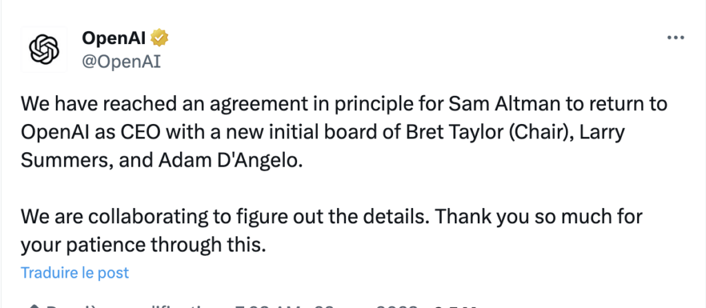OpenAI annonce le retour de Sam Altman. OpenAI annonce le retour de Sam Altman.