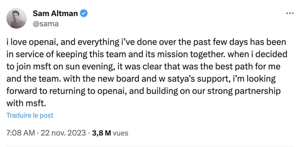 Le premier tweet de Sam Altman après son retour chez OpenAI. Le premier tweet de Sam Altman après son retour chez OpenAI.