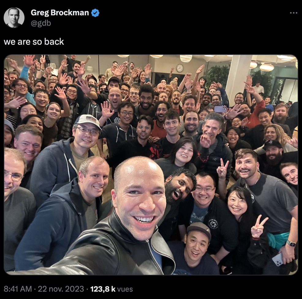 Greg Brockman sur X, après son retour chez OpenAI. Greg Brockman sur X, après son retour chez OpenAI.