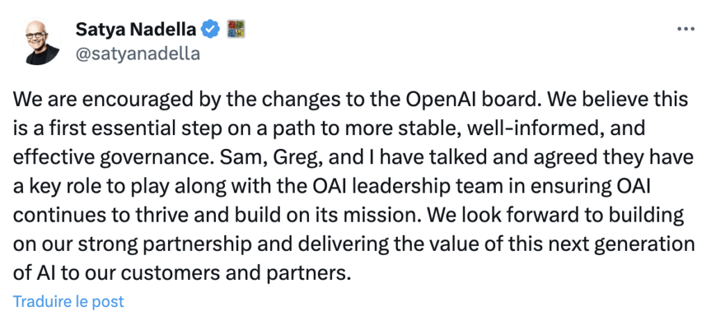 Satya Nadella s'est félicité du retour de Sam Altman chez OpenAI, après avoir promis qu'il allait l'embaucher. Satya Nadella s'est félicité du retour de Sam Altman chez OpenAI, après avoir promis qu'il allait l'embaucher.