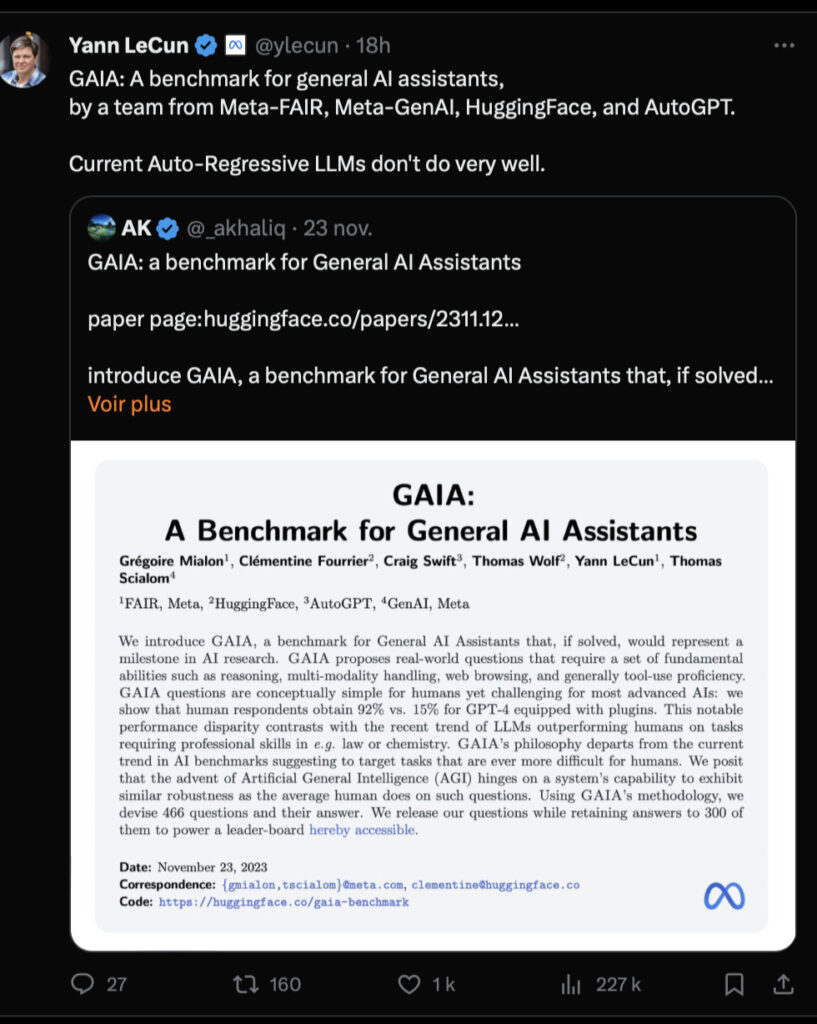 Yann LeCun, le Français en charge de l'IA chez Meta, a partagé GAIA sur son compte Twitter. Yann LeCun, le Français en charge de l'IA chez Meta, a partagé GAIA sur son compte Twitter.