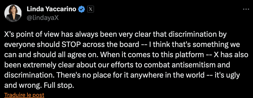 Linda Yaccarino, la CEO de Twitter, tente de rassurer sur les positions de Twitter contre l'antisémitisme et le racisme. Mais ses messages ne sont pas suffisants. Linda Yaccarino, la CEO de Twitter, tente de rassurer sur les positions de Twitter contre l'antisémitisme et le racisme. Mais ses messages ne sont pas suffisants.