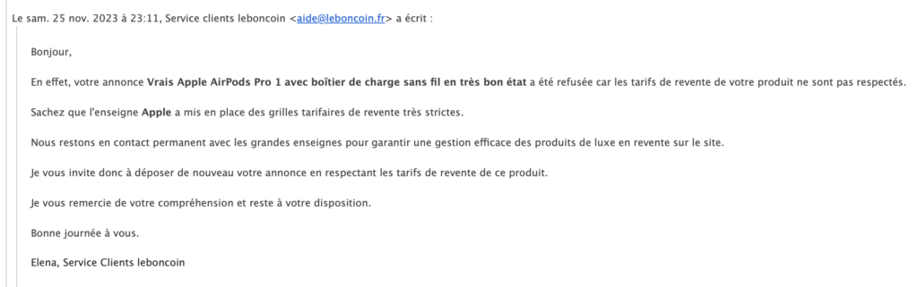Un des mails envoyés par le service client de Leboncoin. Un des mails envoyés par le service client de Leboncoin.
