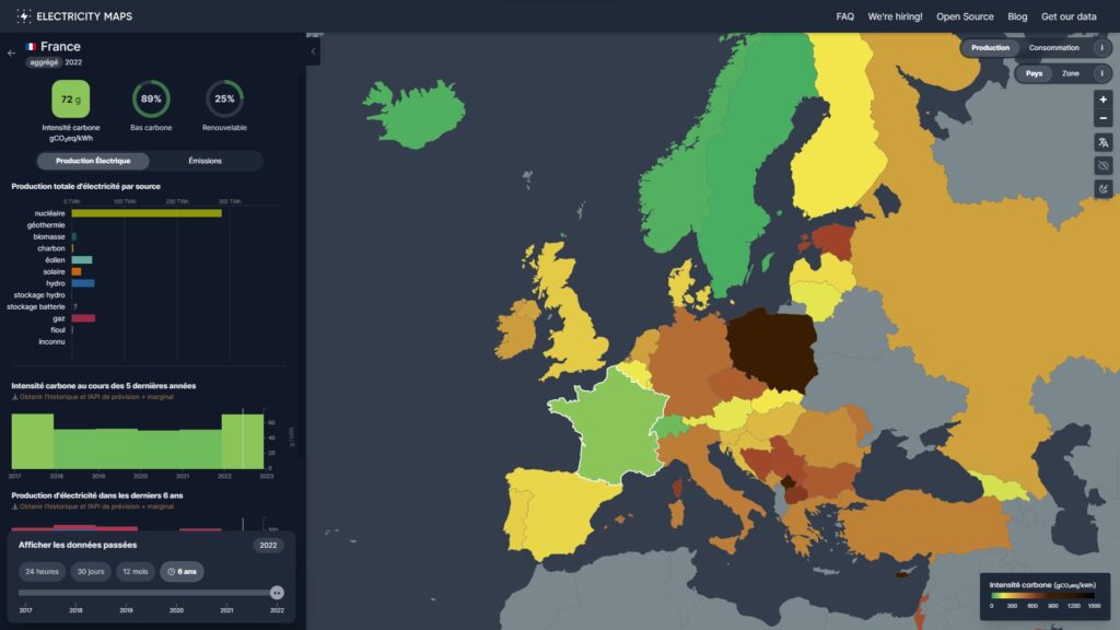 Carte des émissions CO2 pour la production électrique // Source : electricitymaps.com Carte des émissions CO2 pour la production électrique // Source : electricitymaps.com