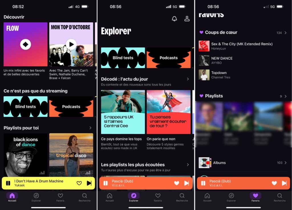 L'interface de Deezer mise beaucoup sur un thème sombre avec une couleur d'accentuation violette.