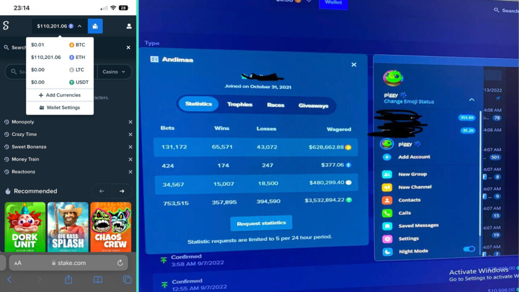 Le portefeuille crypto d'un pirate sur le site Stake. // Source : 404 media Le portefeuille crypto d'un pirate sur le site Stake. // Source : 404 media