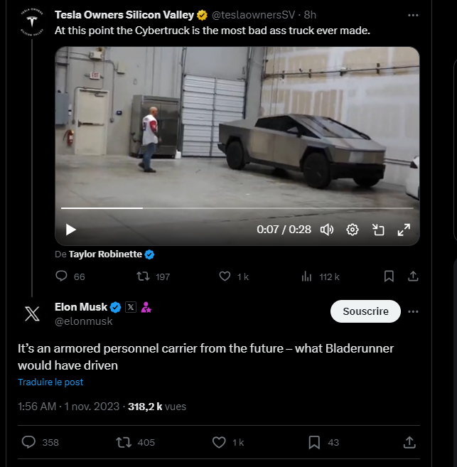 Tweet d'Elon Musk sur le Cybertruck blindé // Source : Elon Musk Tweet d'Elon Musk sur le Cybertruck blindé // Source : Elon Musk