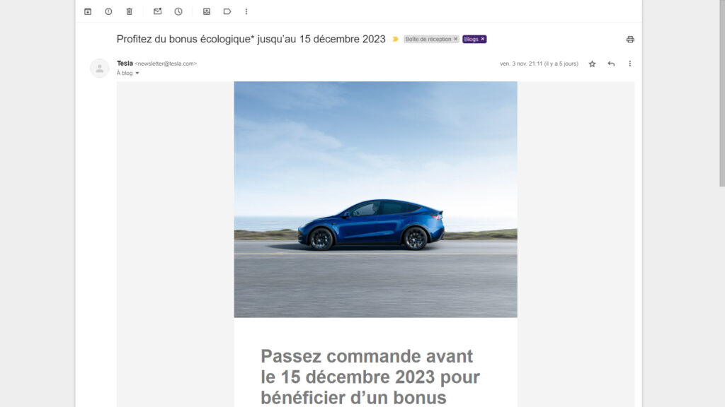 email commrcial envoyé par Tesla pour le bonus // Source : Capture d'écran email commrcial envoyé par Tesla pour le bonus // Source : Capture d'écran