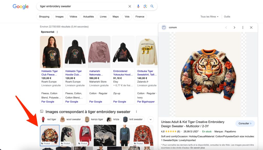 Un exemple d'annonce Google Shopping pour un pull généré par Midjourney // Source : Capture d'écran Numerama Un exemple d'annonce Google Shopping pour un pull généré par Midjourney // Source : Capture d'écran Numerama
