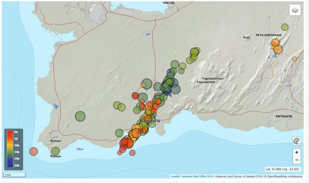 Carte des déformations du sol fournie par l'Office météorologique d'Islande Carte des déformations du sol fournie par l'Office météorologique d'Islande