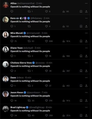 Les tweets de soutien des employés OpenAI. Les tweets de soutien des employés OpenAI.