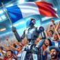 Un robot avec un drapeau français dans un stade de football. // Source : Numerama avec Dall-E Un robot avec un drapeau français dans un stade de football. // Source : Numerama avec Dall-E