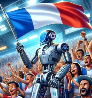 Un robot avec un drapeau français dans un stade de football. // Source : Numerama avec Dall-E Un robot avec un drapeau français dans un stade de football. // Source : Numerama avec Dall-E