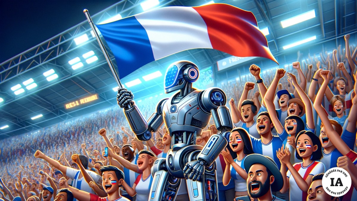 Un robot avec un drapeau français dans un stade de football. // Source : Numerama avec Dall-E Un robot avec un drapeau français dans un stade de football. // Source : Numerama avec Dall-E