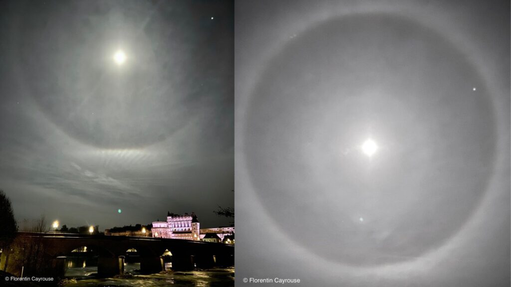 Le halo photographié au-dessus du château d'Amboise, en Indres et Loire. // Source : Via X@FloC36 ; montage Numerama Le halo photographié au-dessus du château d'Amboise, en Indres et Loire. // Source : Via X@FloC36 ; montage Numerama