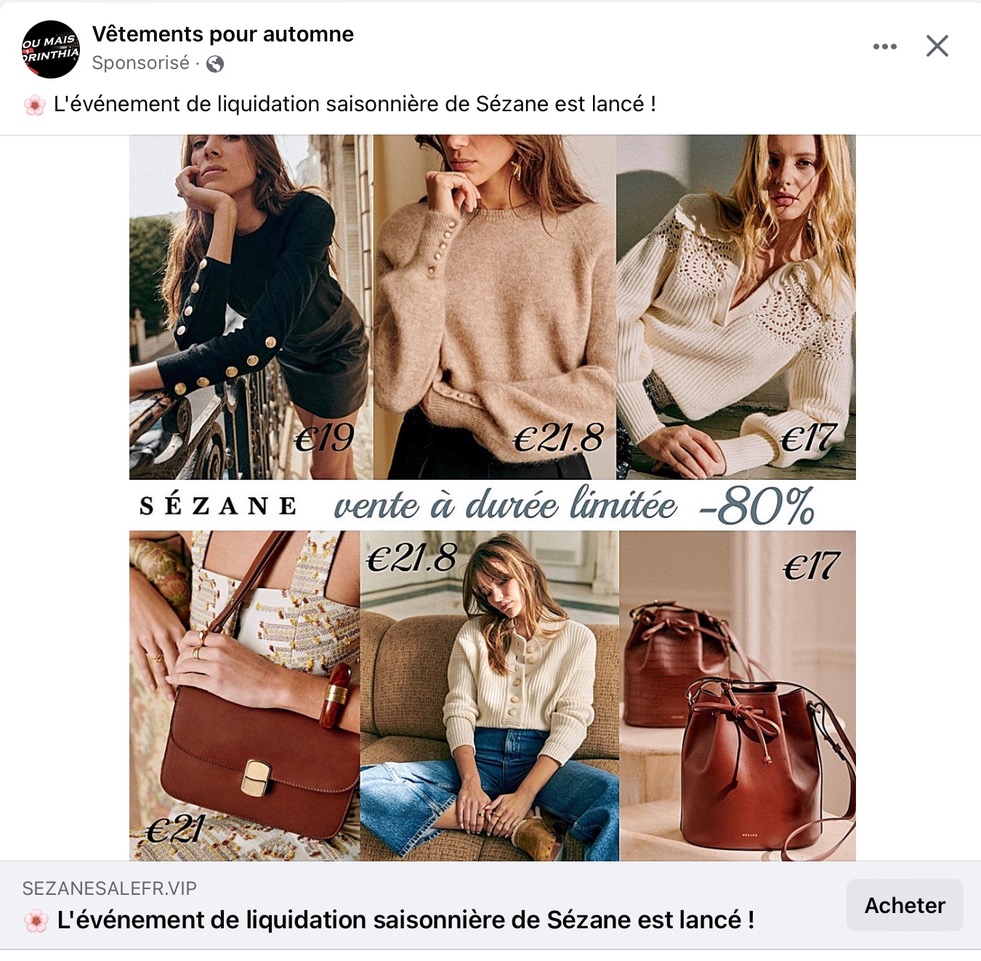 Une pub pour un faux-site Sézane. // Source : Numerama Une pub pour un faux-site Sézane. // Source : Numerama