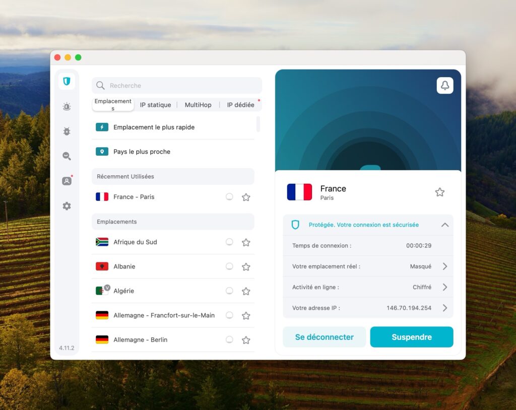 Opter pour l’emplacement le plus rapide est le meilleur moyen d’avoir l’impression de naviguer sans VPN. Du moins en ce qui concerne sa vitesse de connexion. // Source : Capture d'écran Opter pour l’emplacement le plus rapide est le meilleur moyen d’avoir l’impression de naviguer sans VPN. Du moins en ce qui concerne sa vitesse de connexion. // Source : Capture d'écran