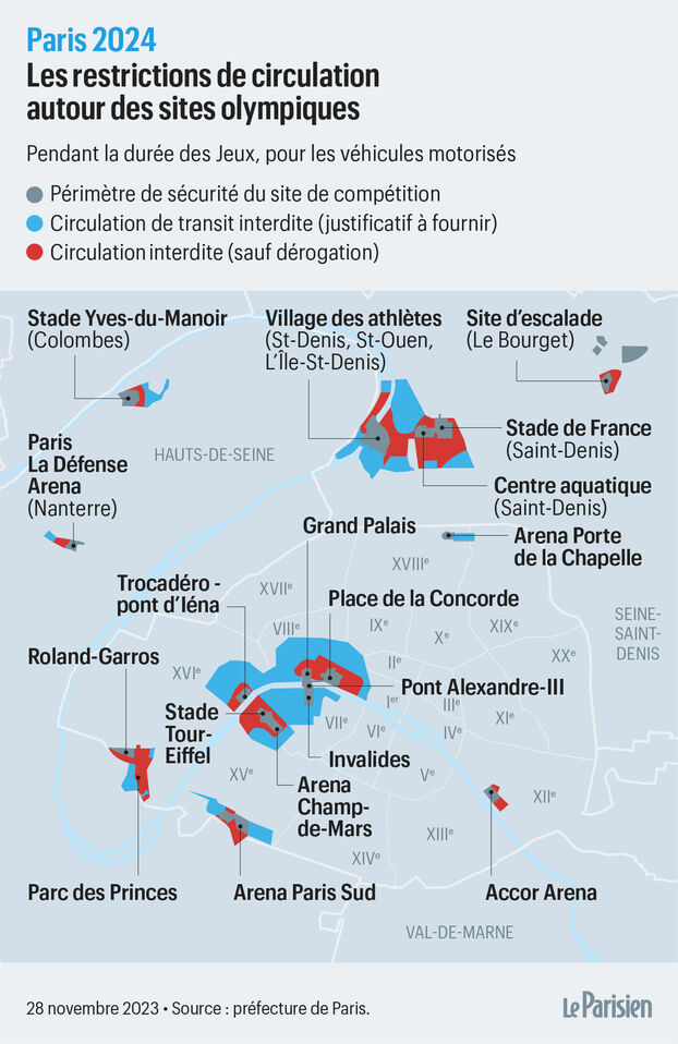 Carte des zones de restrictions pendant les JO. // Source : Le Parisien Carte des zones de restrictions pendant les JO. // Source : Le Parisien