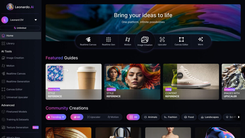 L'interface de Leonardo.AI L'interface de Leonardo.AI