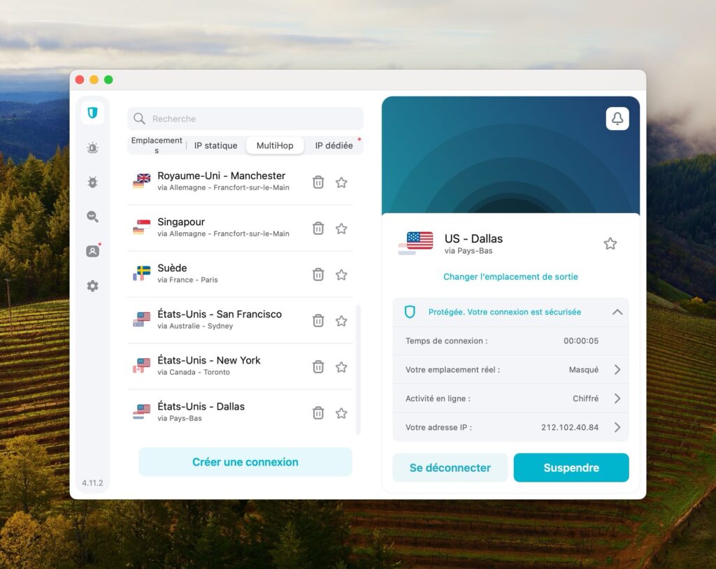 La fonction MultiHop permet de doubler la sécurité de son réseau en adoptant « deux VPN ». Original : on peut créer son propre parcours, par exemple se connecter d’abord en Suède avant de rejoindre un serveur allemand. // Source : Capture d'écran La fonction MultiHop permet de doubler la sécurité de son réseau en adoptant « deux VPN ». Original : on peut créer son propre parcours, par exemple se connecter d’abord en Suède avant de rejoindre un serveur allemand. // Source : Capture d'écran