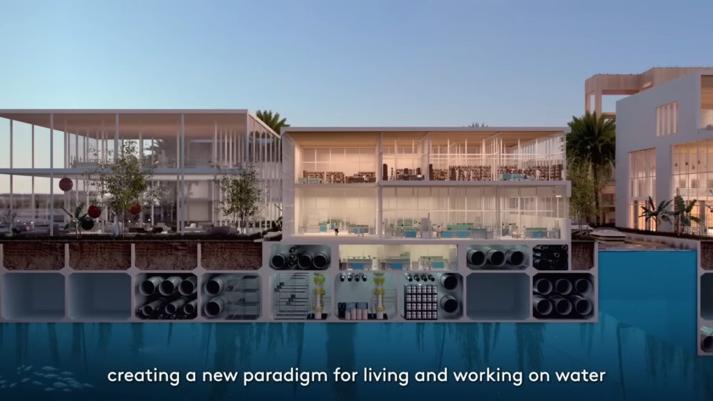 Les plaques flottantes qui doivent accueillir la future ville d'Oxagon // Source : YouTube / Neom Les plaques flottantes qui doivent accueillir la future ville d'Oxagon // Source : YouTube / Neom