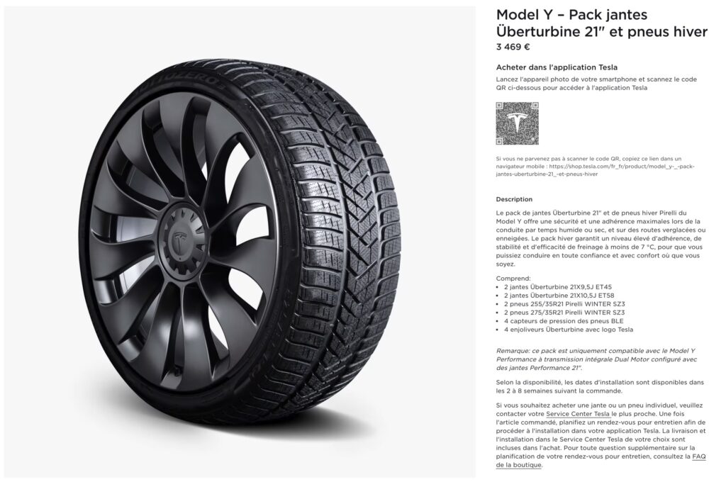 Un pack de roues complètes hiver pour Tesla Model Y Performance // Source : Tesla Un pack de roues complètes hiver pour Tesla Model Y Performance // Source : Tesla