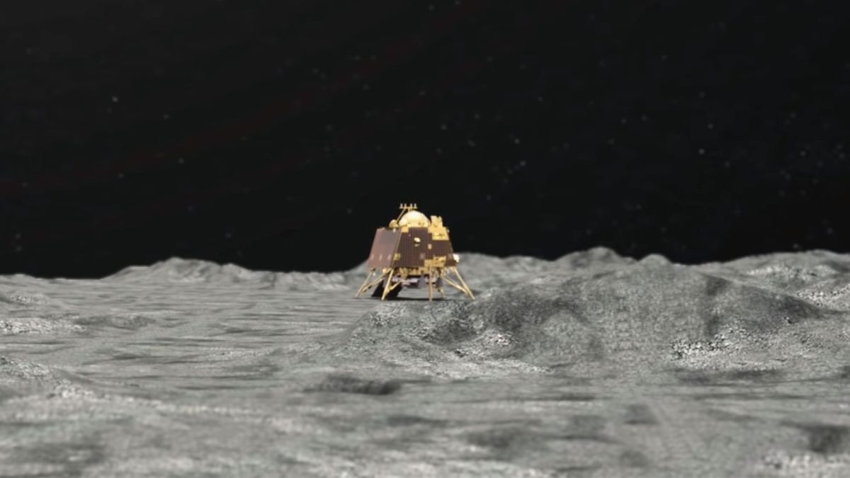 Vue d'artiste de Vikram sur la Lune. // Source : Capture YouTube ISRO Official Vue d'artiste de Vikram sur la Lune. // Source : Capture YouTube ISRO Official